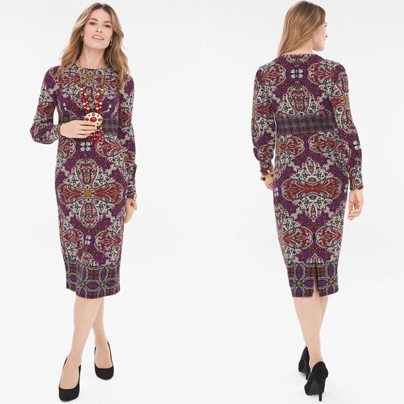 Chico's Womens Size 1P Medallion Print Sheath Midi NEW Dress Floral Party Office - Picture 3 of 15